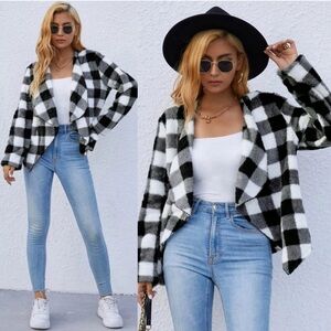 Soft checkered soft faux fur cardigan